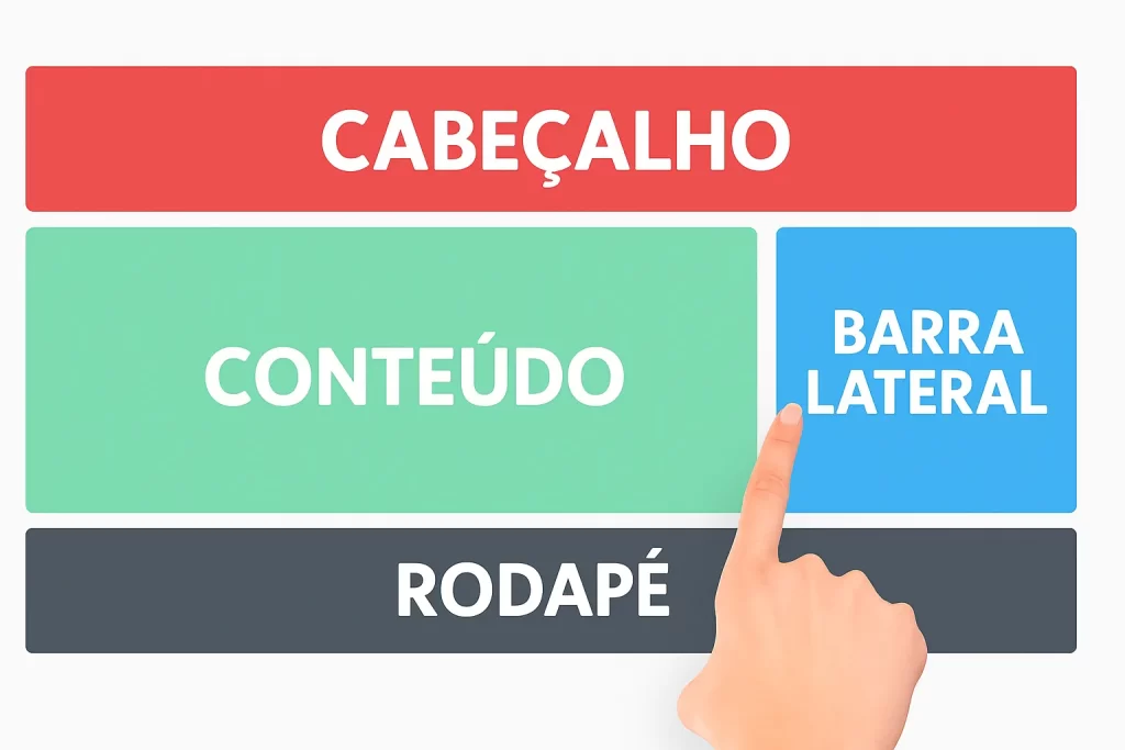A imagem mostra blocos de cores diferentes onde estão escritos: cabeçalho, conteúdo, barra lateral e rodapé. A imagem ilustra uma Arquitetura de site eficiente para SEO.