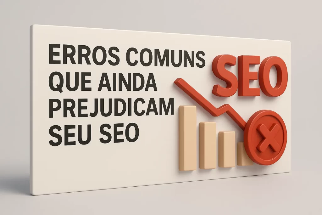 A imagem mostra um gráfico negativo sobre a sigla SEO e do lado esquerdo os dizeres: Erros comuns que ainda prejudicam seu SEO