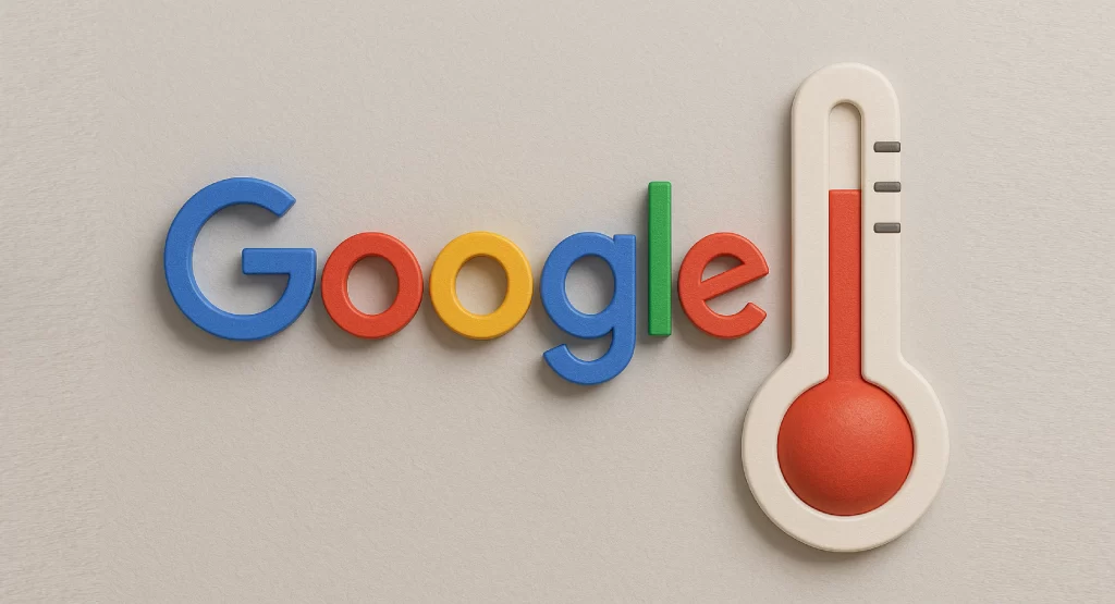 A imagem mostra a logo do Google ao lado de um termômetro com detalhes na cor vermelha.