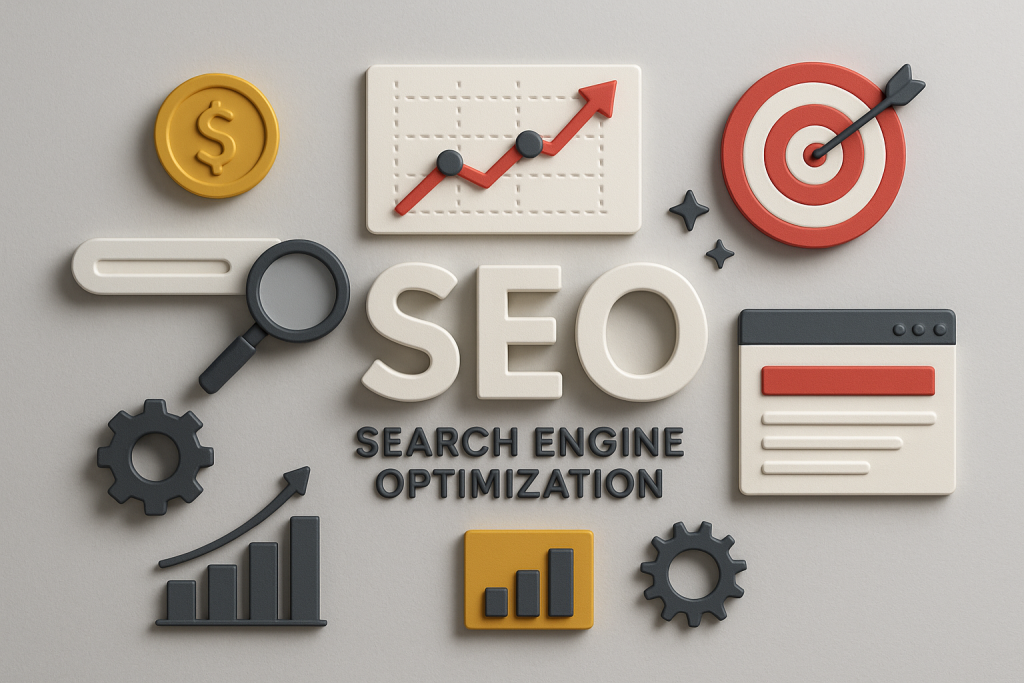 A imagem mostra uma moeda, gráficos em 3D e a palavra SEO sendo explicada. Abaixo da palavra SEO estão os escritos: Search Engine Optimization, que em bom português, quer dizer otimização para mecanismos de busca. Ela ilustra uma notícia sobre o SEO