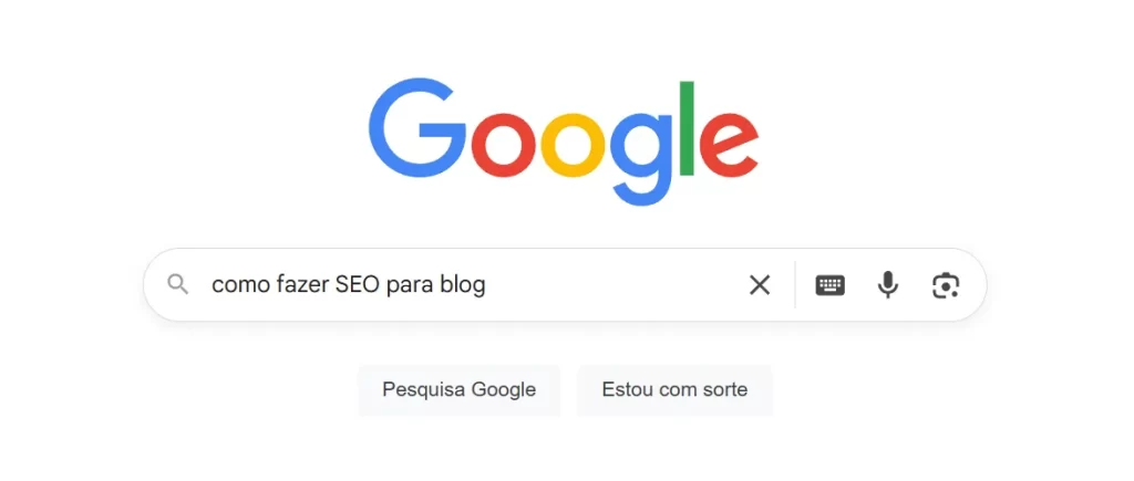 a imagem mostra o Google e no campo de digitação está escrito: "como fazer SEO para blog"