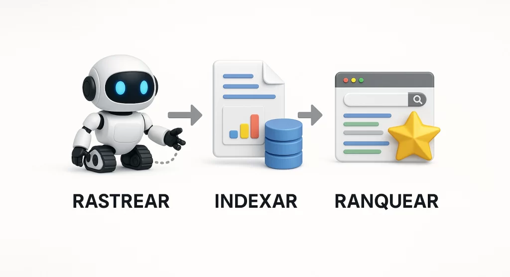 A imagem mostra que o processo de SEO se divide em três grandes etapas: rastrear, indexar e ranquear. Um robozinho exemplifica a palavra rastrear, uma pasta a palavra indexar e um gráfico com uma estrelinha simboliza o ranquear.