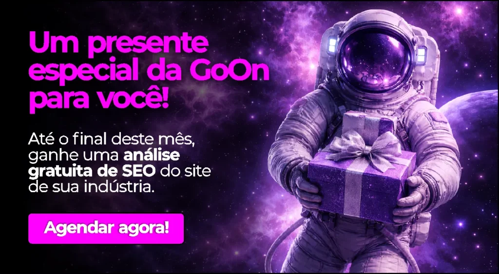 Banner promocional com astronauta segurando presente, oferecendo análise gratuita de SEO técnico industrial.