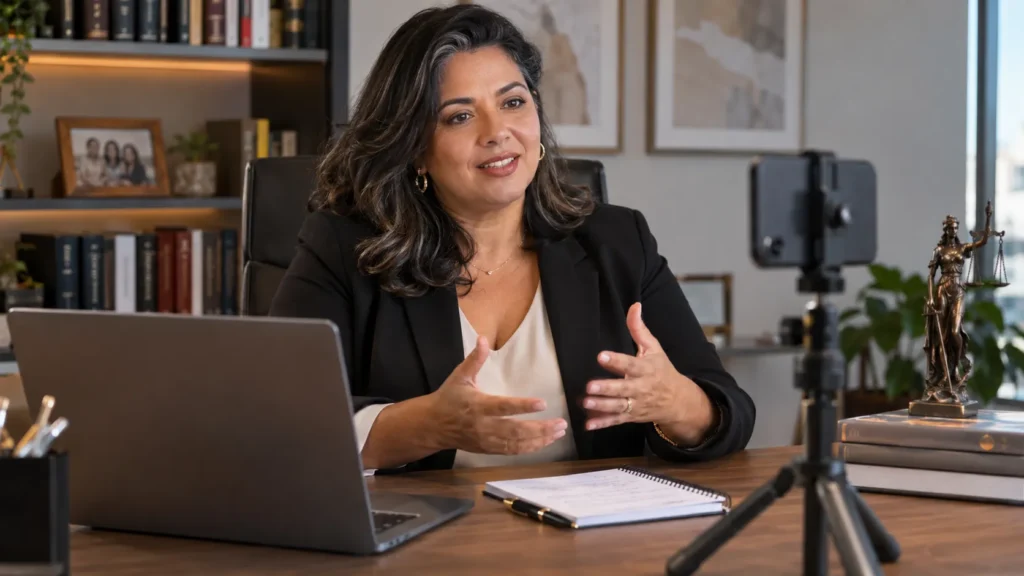 Advogada brasileira prepara gravação de vídeos educativos sobre Direito de Família usando smartphone, notebook e anotações no escritório.