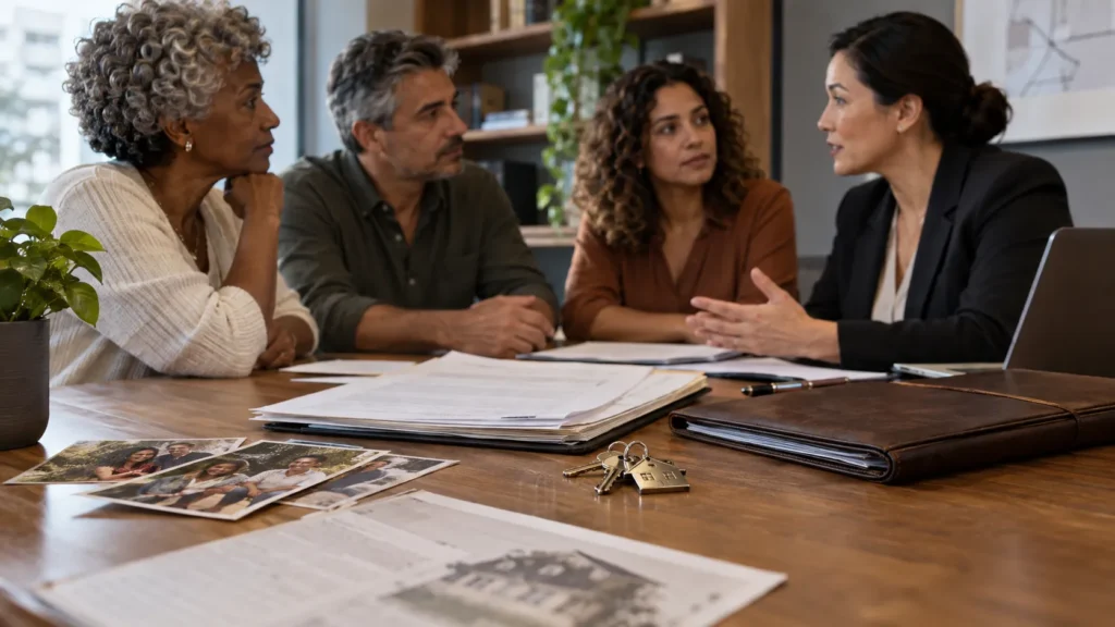 Advogada orienta três irmãos sobre inventário e herança enquanto documentos patrimoniais, fotografias familiares e chaves estão sobre a mesa.