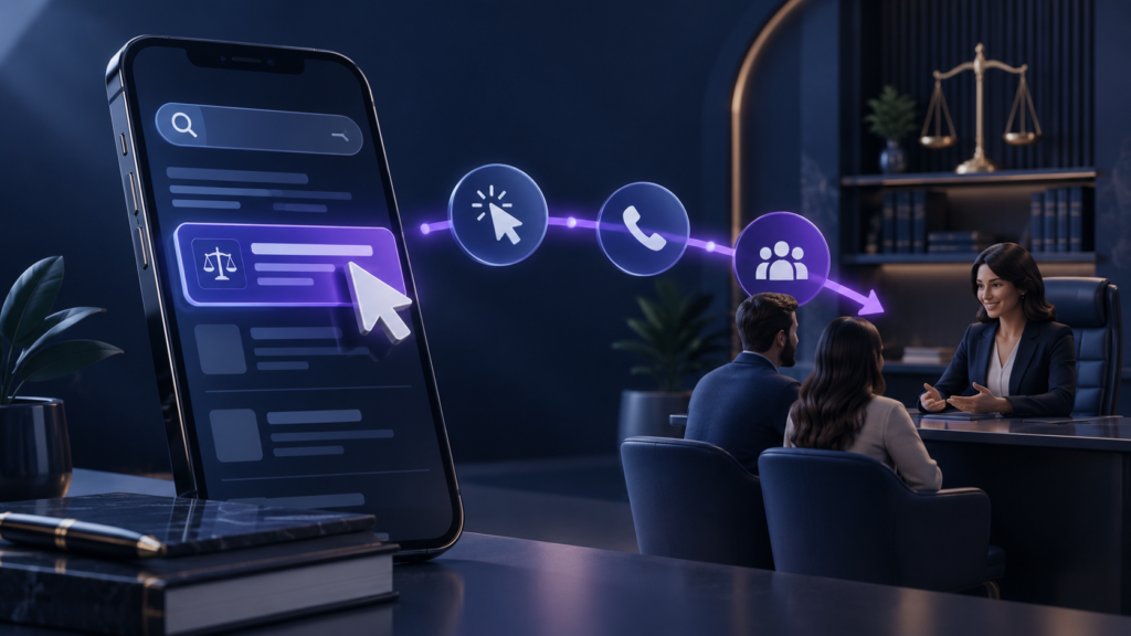 Marketing para advogados de família em representação 3D de pesquisa online conectando anúncio, clique, contato e consulta jurídica.