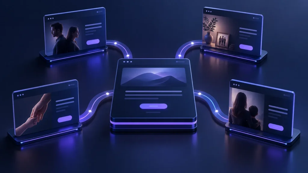 Marketing para advogados de família representado por estrutura 3D que direciona diferentes necessidades jurídicas para páginas digitais específicas.