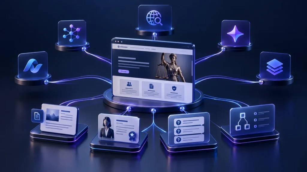 Marketing para advogados de família com GEO ilustrado por site jurídico conectado a conteúdos estruturados e sistemas de inteligência artificial.