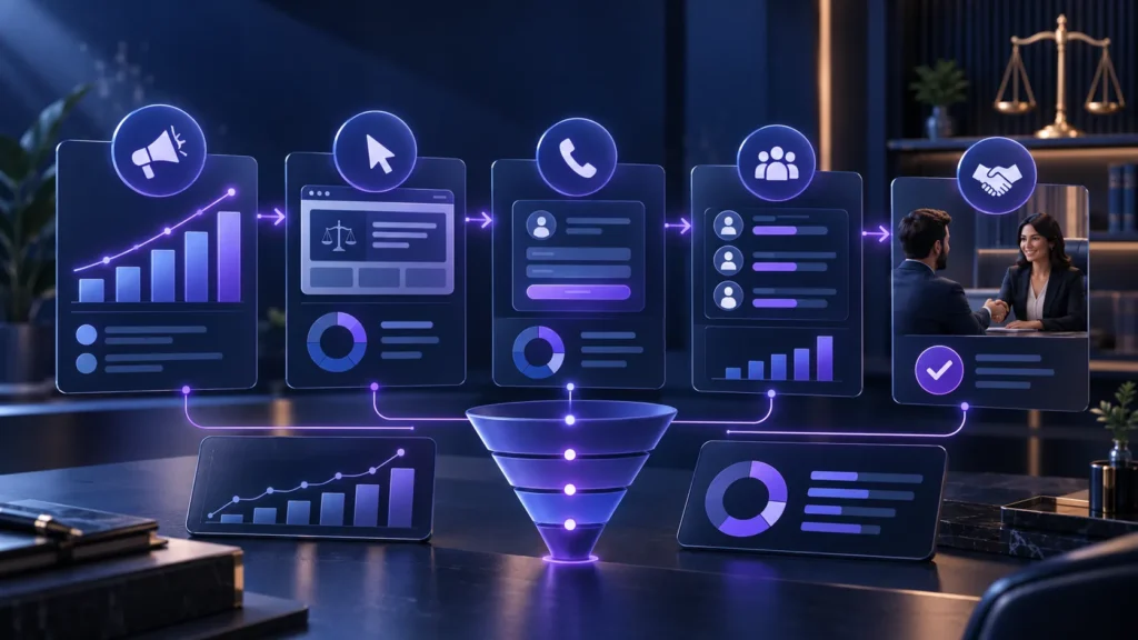 Marketing para advogados de família medido por dashboard 3D que conecta visibilidade, acesso, contato, oportunidade e contratação.