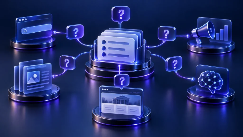 Ilustração 3D reúne dúvidas sobre marketing jurídico conectadas a busca, conteúdo, anúncios, site e inteligência artificial.